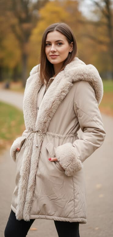 invento jakne: Zimska ženska parka kaput, bež/peščane boje, sa bogatom krznastom — 1