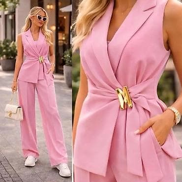 bež prsluk: Ženski komplet – prsluk bez rukava i široke pantalone - Kroj — 2