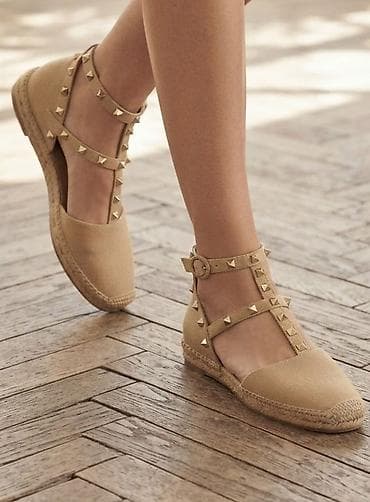 obuca 37: Ženske espadrile sa nitnama – bež - Model: zatvoreni špic sa T-kaišem — 1