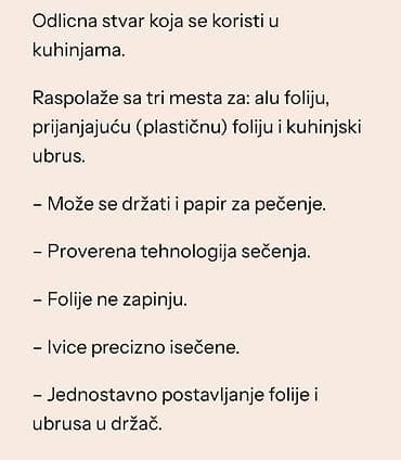 Držač za ubruse i folije 👌 Cena 2000 din
Viki na lalafo.rs Držač za ubruse i folije 👌 Cena 2000 din
Viki