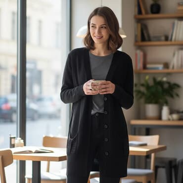 kompleti zenski: Crni ženski kardigan na kopčanje (duži kroj). - Veličina: M - — 1