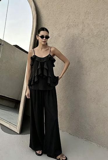 sako i pantalone komplet: Zenski komplet – top na bretele sa volanima + široke pantalone 2900 — 4