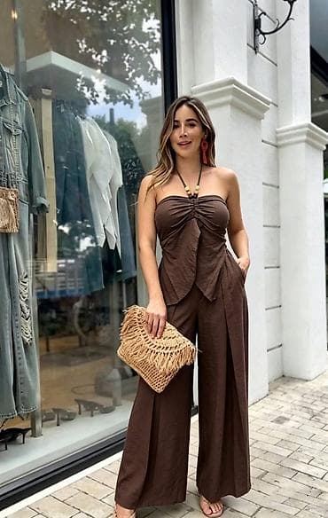 svecane haljine bele: Komplet top bez bretela i široke pantalone. - Kroj: strapless top sa — 5