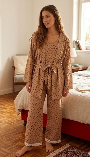 muške pidžame: Ženski trodelni kućni set – top, pantalone i kimono ogrtač - — 1