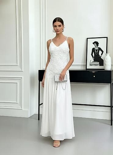 Haljine: Elegantna duga haljina sa tankim bretelama i 3D cvetnim reljefom na — 4