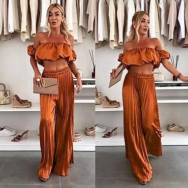 crop kosulja: Dvodelni ženski komplet – plisirane široke pantalone i crop top sa — 6