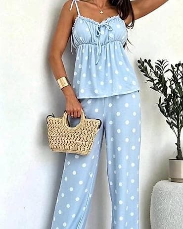 crne pantalone letnje: Ženski komplet na tufne – top na bretele + široke pantalone - — 6