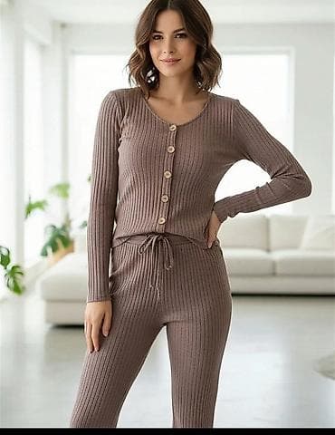 bez kozne pantalone: Damski rebrasti komplet – kardigan i pantalone - Dvodelni set od — 4