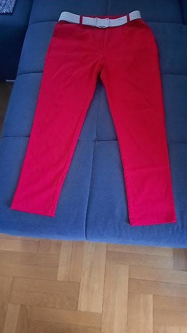 Crvene ženske pantalone sa belim pletenim kaišem - Model: ravne