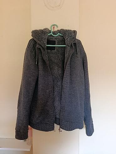 Muški/damski pleteni džemper-jakna sa kapuljačom, sivi melanž. -