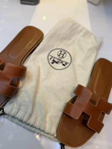 šafran ženske cipele: Hermès Oran ženske papuče – braon koža - Model: Oran - Materijal — 4