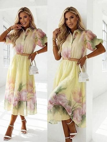 crni tek flis: Ženska midi košulja-haljina sa cvetnim printom - Kroj: A-linija, midi — 1