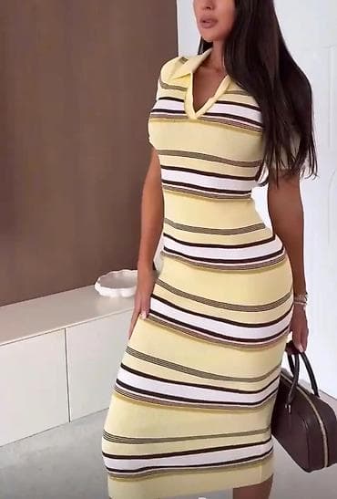 sorc ispod koljena: Ribana midi haljina sa prugama i kragnom - Kroj: pripijena silueta — 7