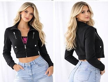 Men's Clothing: Ženska kratka crna jakna sa rajsferšlusom - Model: krojena crop — 2