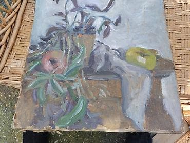 drveni prozori starinski: Ulje na kartonu – mrtva priroda - Tehnika: ulje na kartonu, pastozan — 1