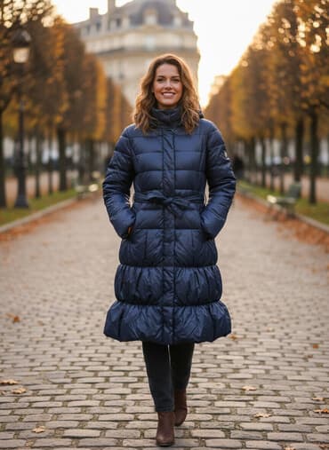 termo carape sa grejacima: Ženska duga puf jakna sa kapuljačom – tamnoplava - Veličina: M — 1