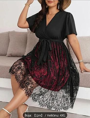 svecane haljine nis kalca: Elegantna plus size haljina 4XL – midi dužina, crno-bordo kombinacija — 2