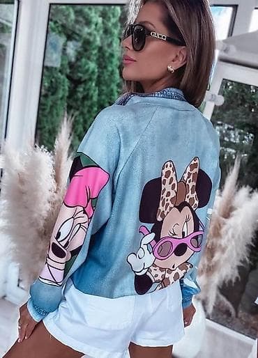 Ženska teksas bomber jakna sa printom crtanih likova - Model: ležerna