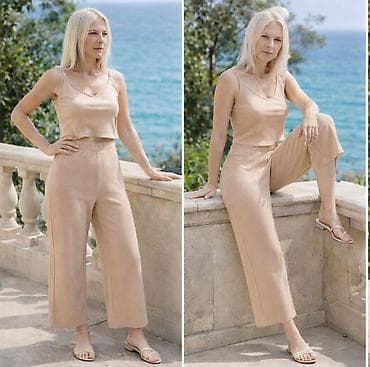 parka 36: Damski dvodelni komplet – top i pantalone u bež nijansi - Model — 3