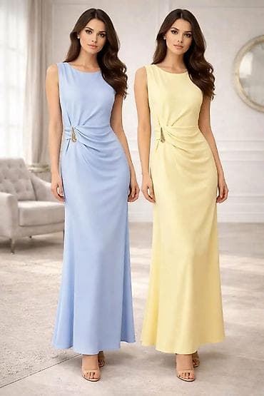 air max duboke: Duga elegantna haljina bez rukava sa dekorativnim naborima i metalnim — 1