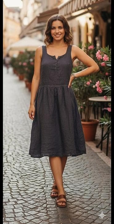 Letnja midi haljina bez rukava - Kroj: A-linija, struk blago