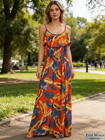 Donji delovi trenerke: Duga letnja haljina sa tropskim printom – Emi Moda, Made in Italy - — 1