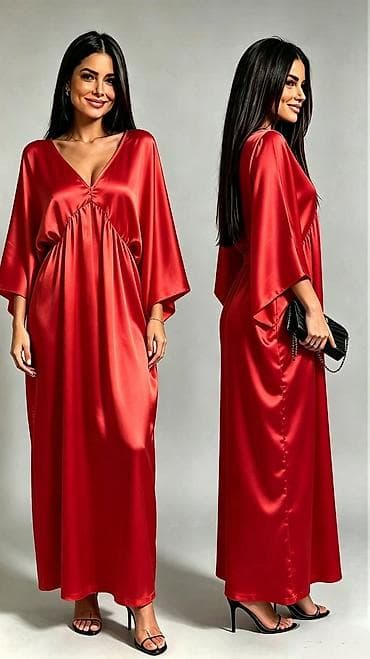 svecani zamena: Duga satenska haljina sa V‑izrezom i širokim kimono rukavima - Model — 4