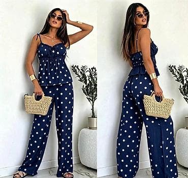 crne pantalone letnje: Ženski komplet na tufne – top na bretele + široke pantalone - — 3