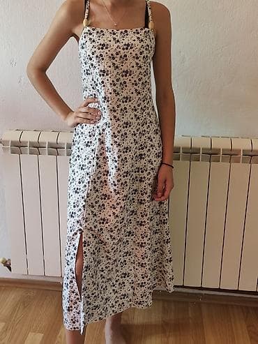 haljina s: Letnja haljina na bretele, midi dužina, beli osnov sa sitnim crnim — 2