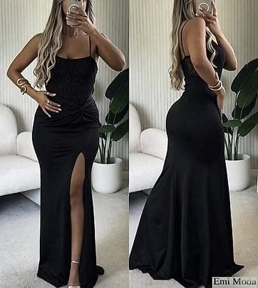 crne uske haljine do kolena: Elegantna duga haljina sa čipkanim korset-topom i visokim slicem. - — 5