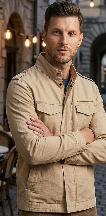bez jakne: Muška lagana jakna – bež - Stil: casual/utility sa podignutom kragnom — 1
