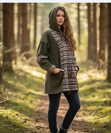 parka na sirine: Ženska jakna/duks sa kapuljačom, etno dizajn. - Boja: maslinasto — 6