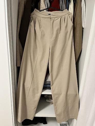 teksas torbe: Bež pantalone sa širokim nogavicama Visok struk, dugačke pantalone — 1