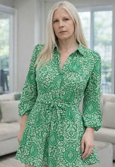 zeleni mantil: Zelena letnja haljina sa printom - Model: košulja-haljina sa kragnom — 2