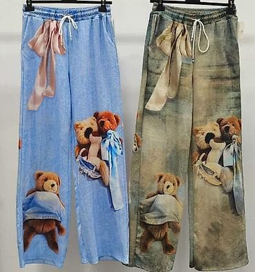 Pantalone: Pantalone siroke sa printom plišanih meda,ravne siroke nogavice,visok — 3