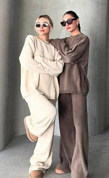 komplet zenski: Ženski pleteni komplet – duks + široke pantalone - Udoban, mehak — 1