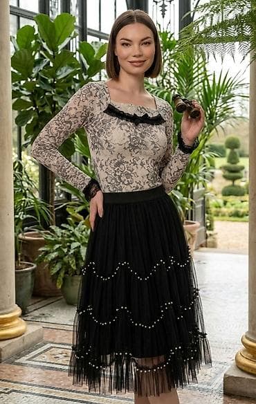 ps top: Komplet: Suknja i Bluza.Elegantna midi suknja od crnog tila sa perlama — 1
