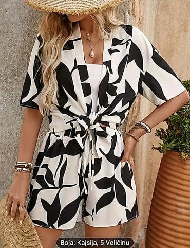 belo odelo: Ženski dvodelni letnji komplet – kimono i šorts - Dizajn: crno‑beli — 2