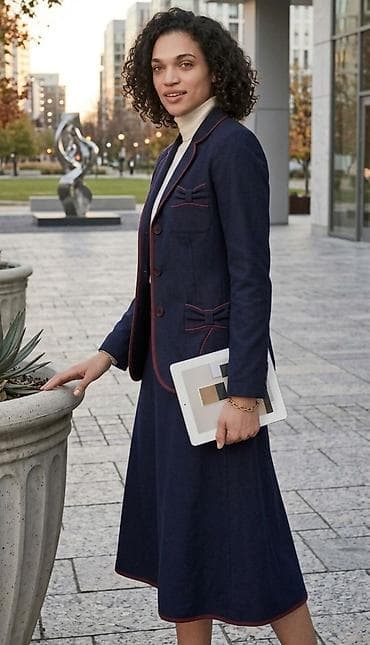 udobne salonke: Elegantna ženska kombinacija – sako i suknja - Boja: tamnoplava sa — 1
