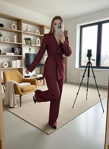 mindjuse sa biserom: 🔥Ženski komplet – bordo prugasti sako i pantalone
✅3700 din — 1