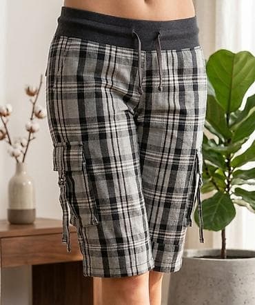 nova godina: Ženske karirane bermude sa džepovima - Uzorak: sivo-crni tartan — 1