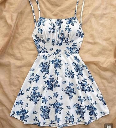 levis suknje: Letnja mini haljina na bretele – belo platno sa plavim cvetnim — 1