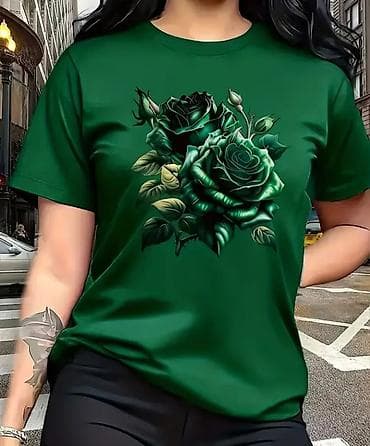 Zelena ženska majica kratkih rukava sa printom ruža - Boja: tamno