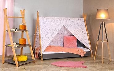 stalaže za knjige: Krevet sa nadstrešnicom i dušekom 160x80 cm Tipi – sivi - Šifra — 1