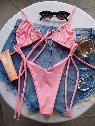 kupaci kostimi duga novi sad: Roze bikini set – dvodelni - Model: trokutasti grudnjak sa naborima i — 2