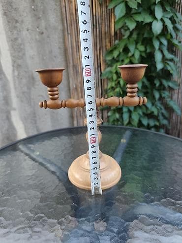 drveni prozori sa kapcima cene: Drveni dvokraki svećnjak - Materijal: puno drvo, fino tokareno sa — 2