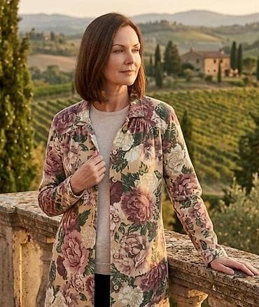 torbica mona: Dugački ženski kaput sa cvetnim dezenom - Elegantni kaput srednje — 1