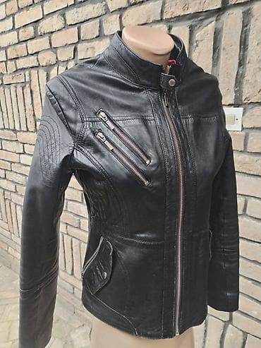 helanke sa petom: Ženska kožna jakna – model sa visokim okovratnikom i asimetričnim — 1