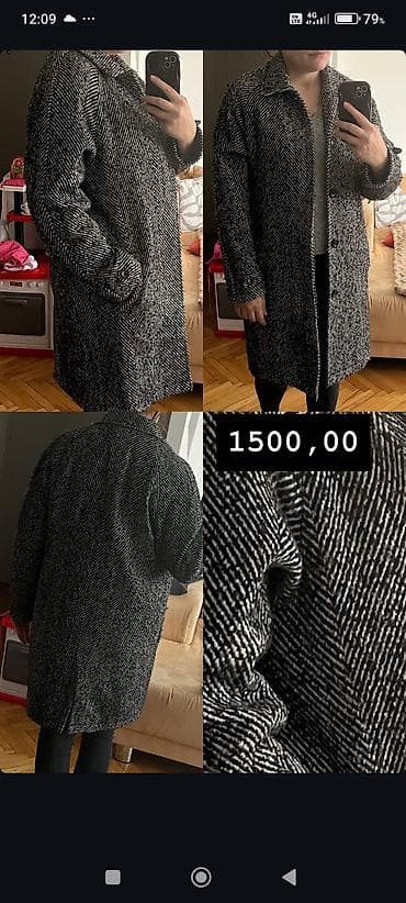 Prodaja garderobe – više komada 1) Dugačak crno‑beli kaput sa šarom