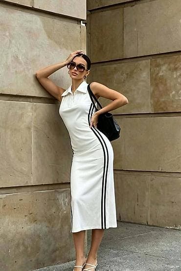 Dresses: Ribana midi haljina bez rukava sa kragnom i kratkim V-otvorom na — 9